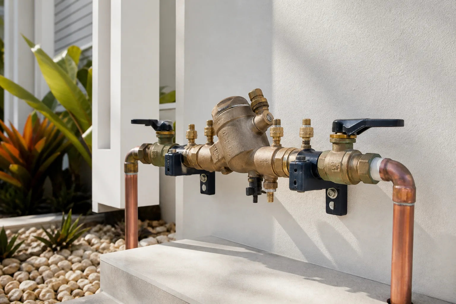 Bronze backflow prevention assembly installed on copper pipework at a coastal home