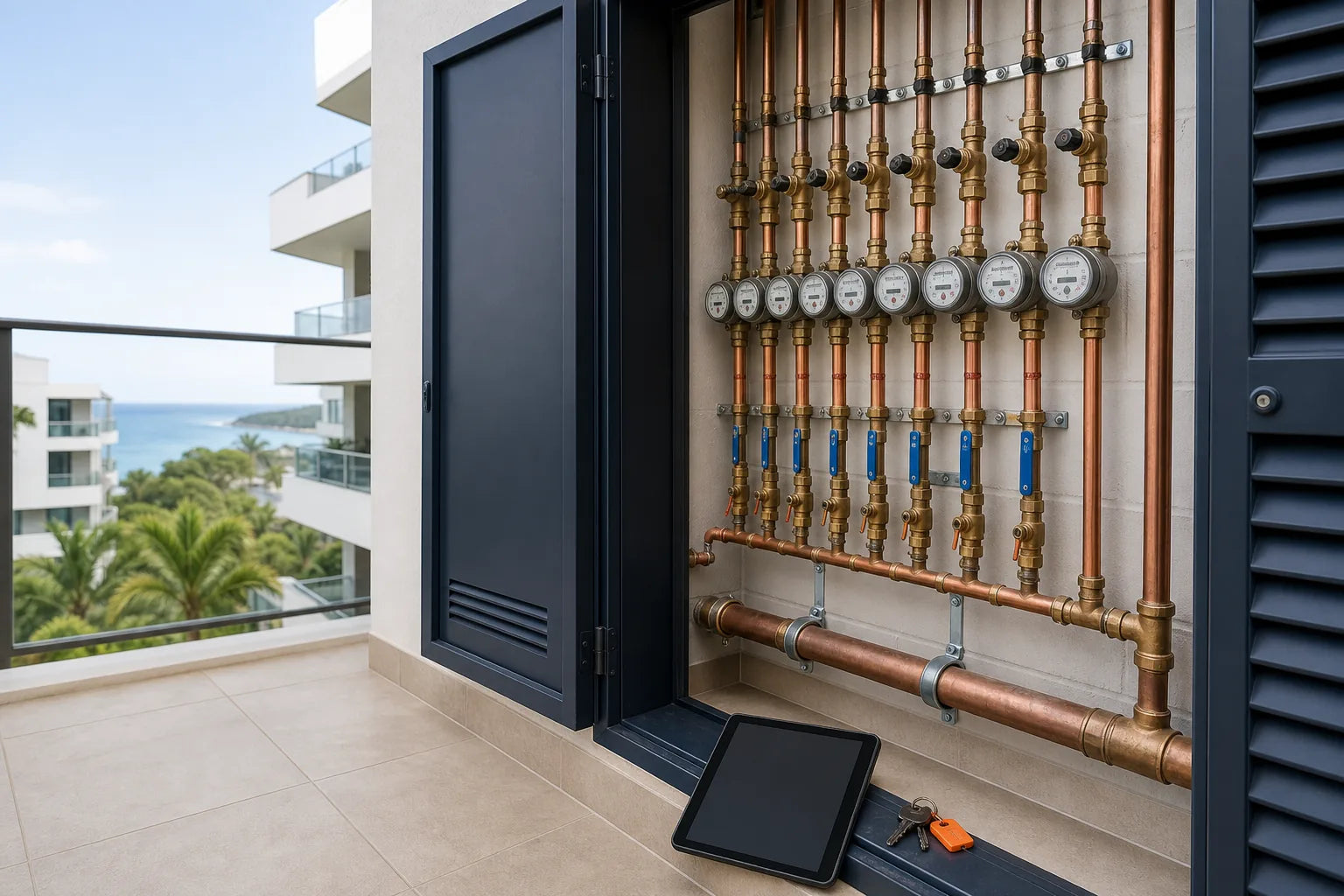 Apartment water meters and isolation valves in a clean shared services cabinet