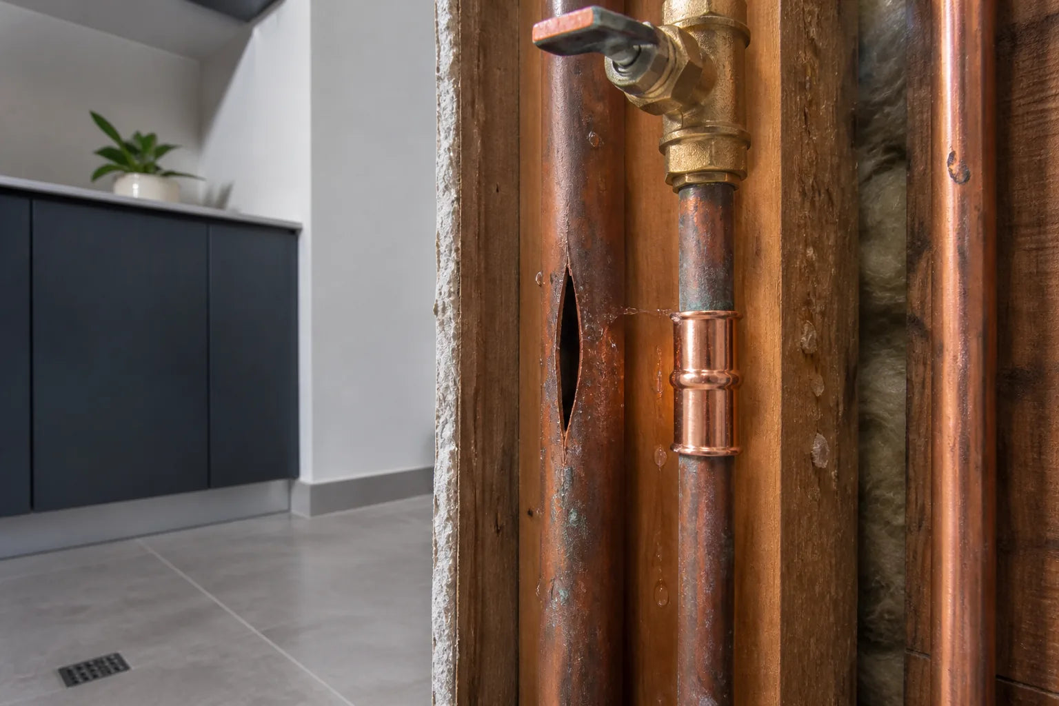 Split copper pipe isolated inside an opened wall cavity ready for repair