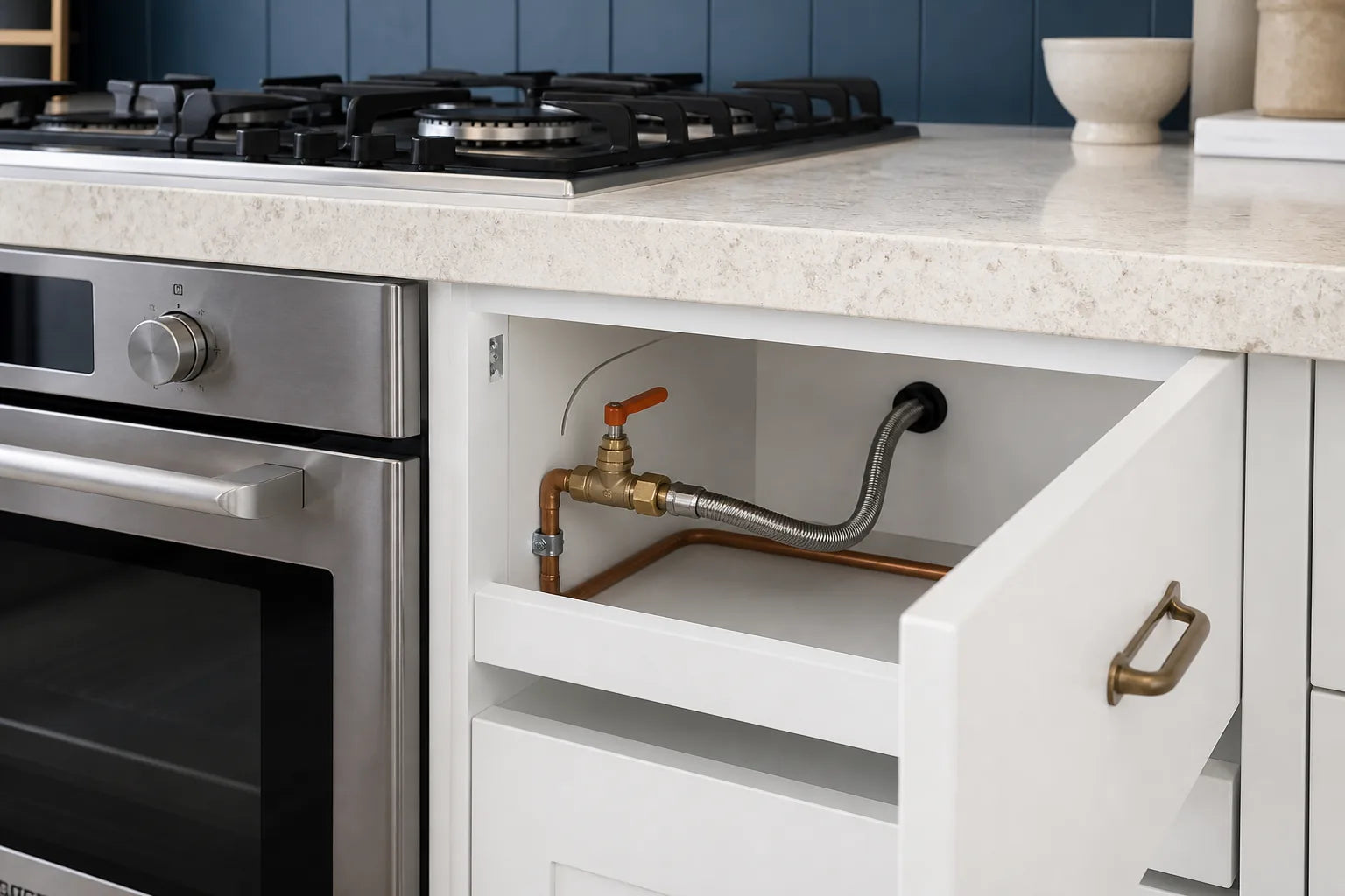 Accessible gas appliance isolation valve and connector in a modern kitchen