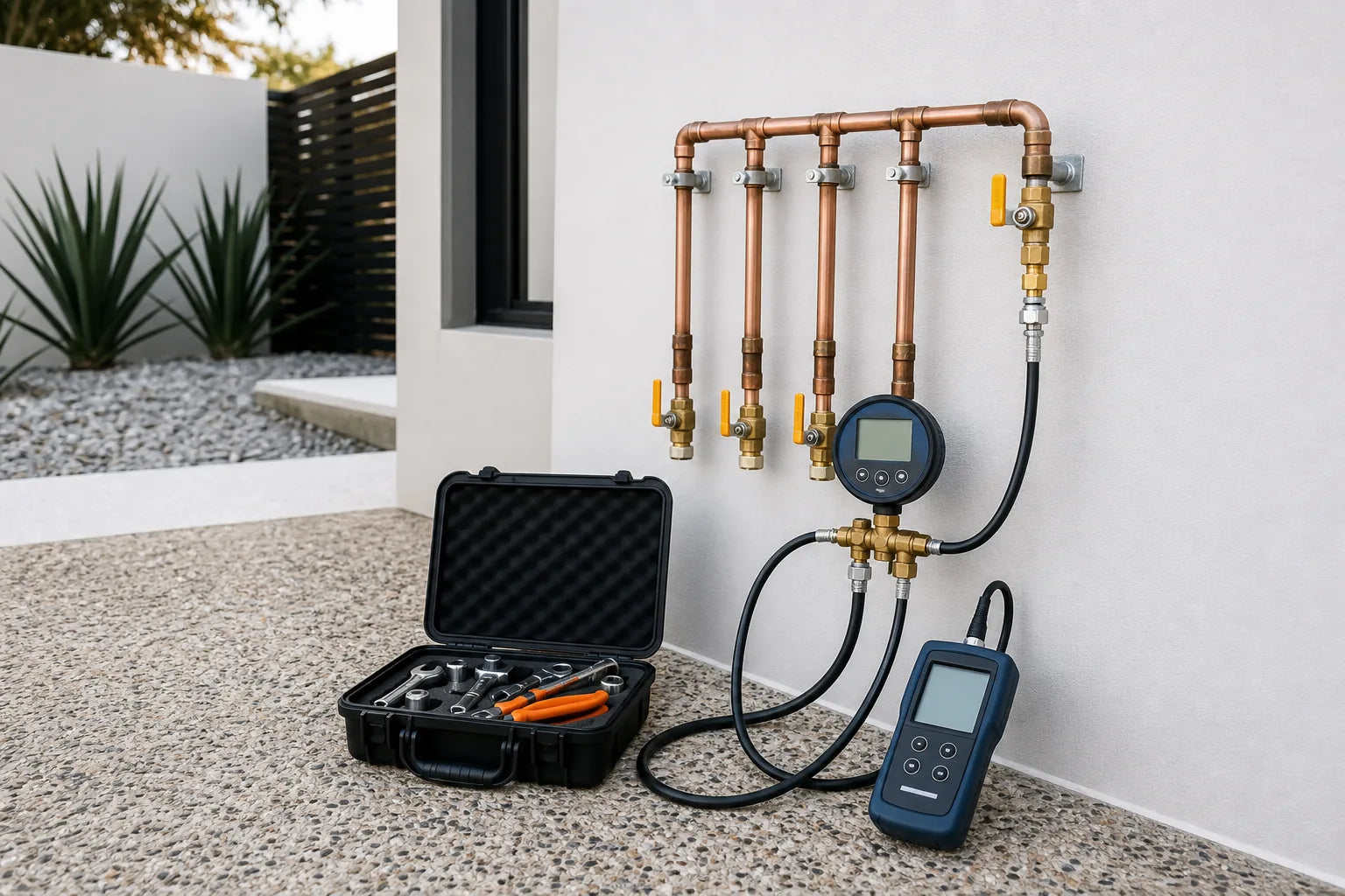 Gas pressure-test gauge and manometer connected to a copper manifold