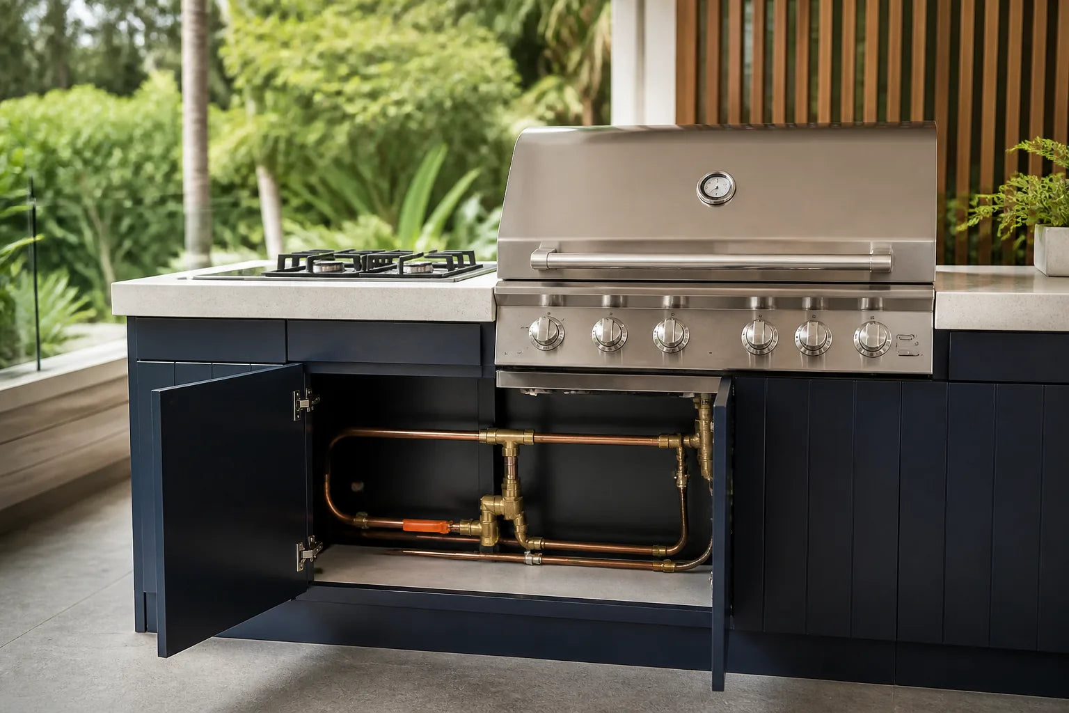 Built-in outdoor gas BBQ with an accessible isolation valve and copper supply