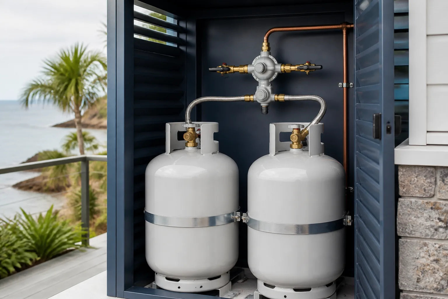 Twin LPG cylinders connected through pigtails to a secured gas regulator
