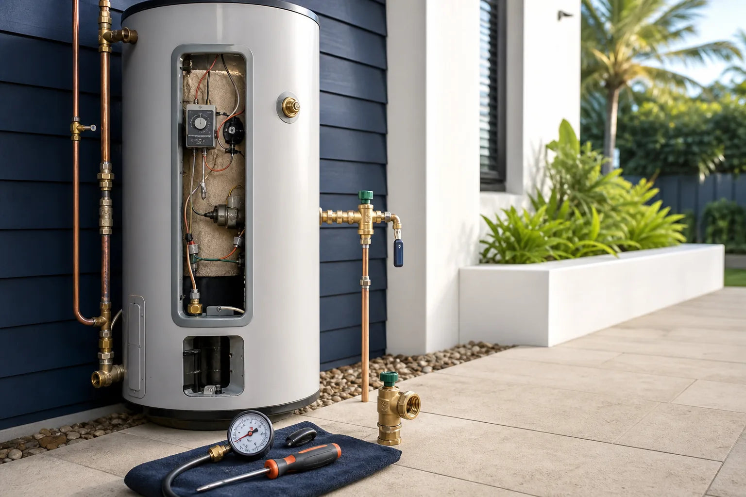 Hot water cylinder opened for valve testing and fault diagnosis