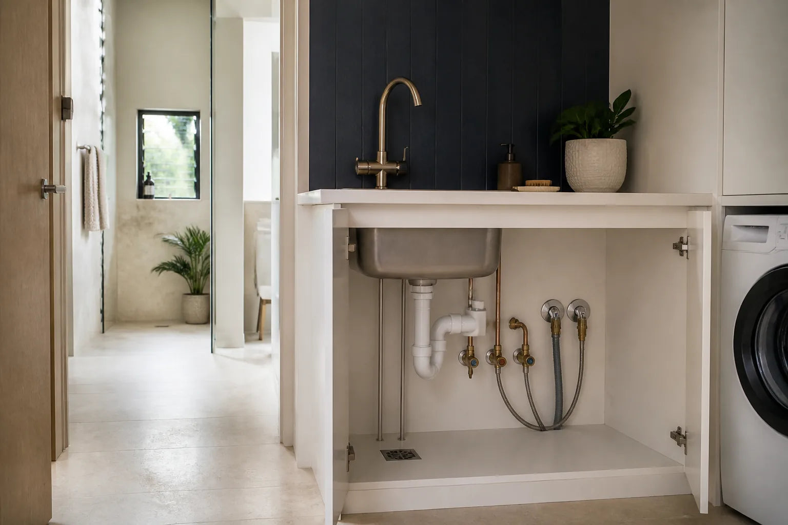 Modern laundry plumbing with washing-machine valves, tub waste and floor drainage
