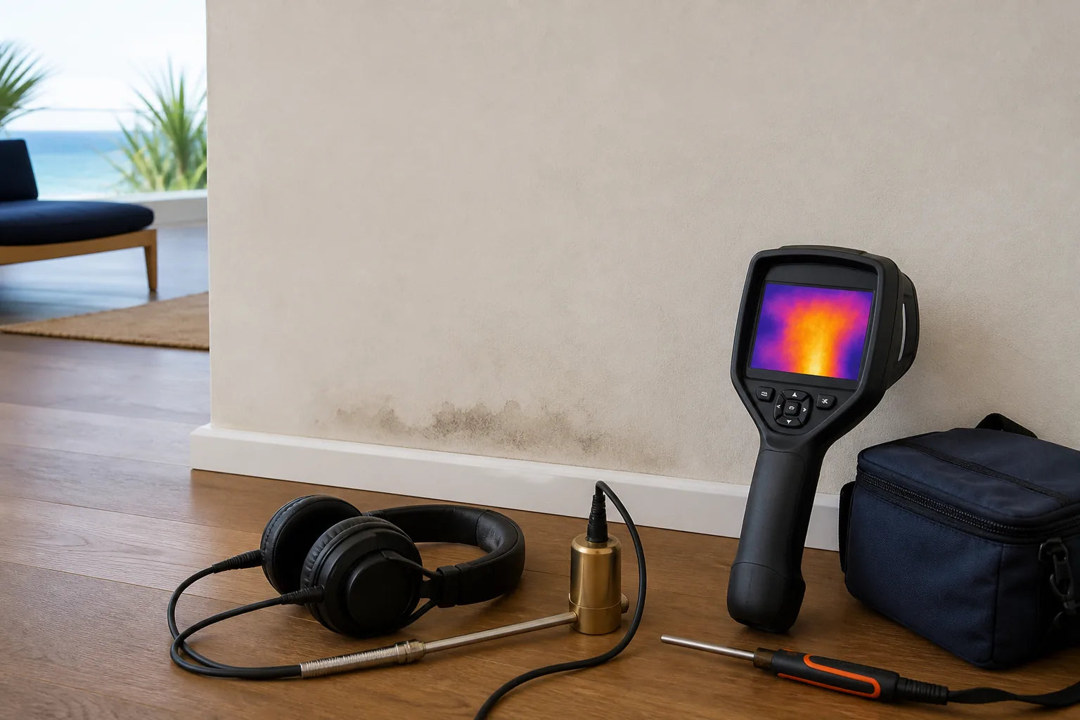 Thermal imaging and acoustic equipment tracing a concealed water leak