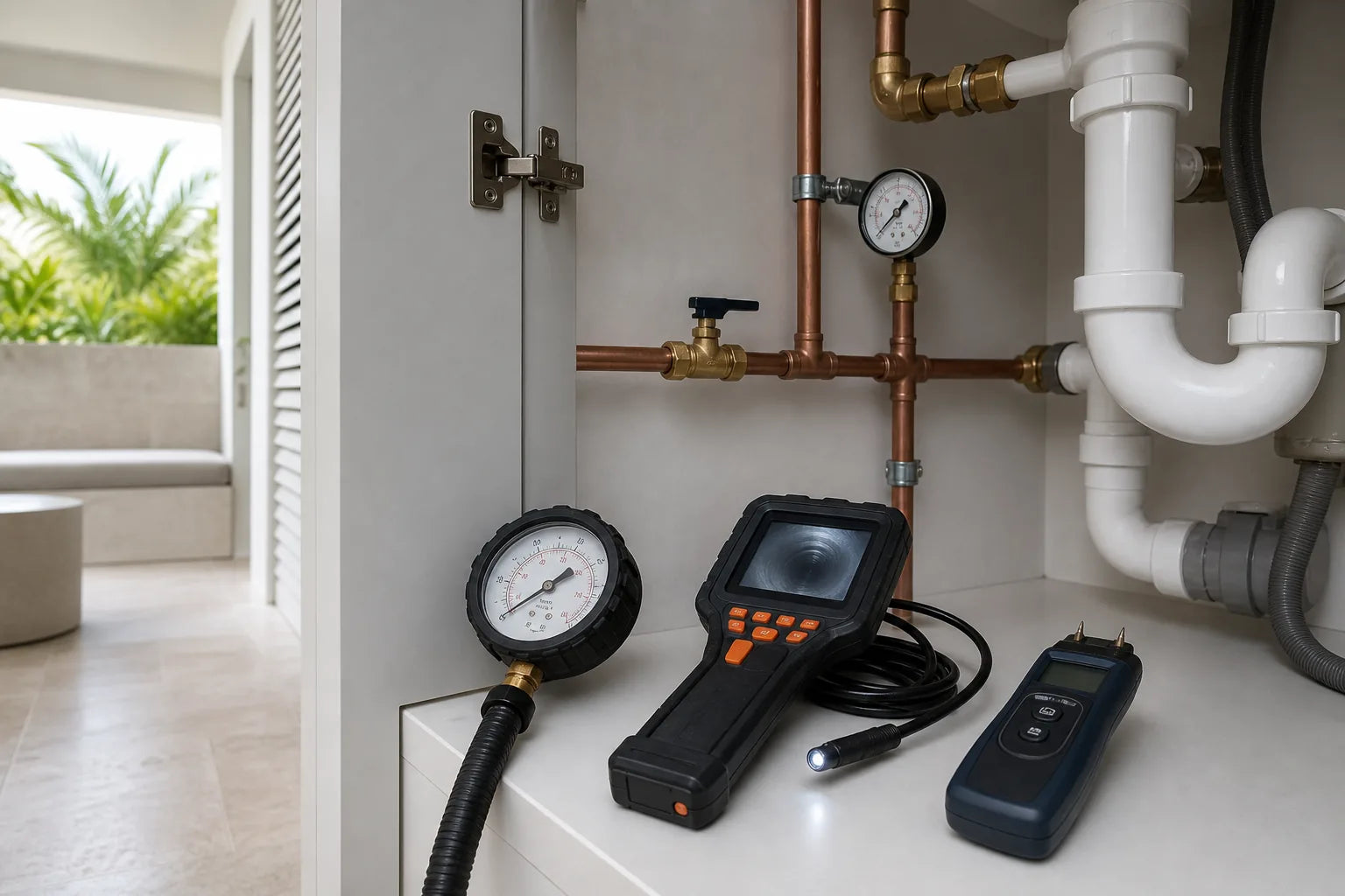 Pressure gauge and inspection equipment checking accessible household plumbing