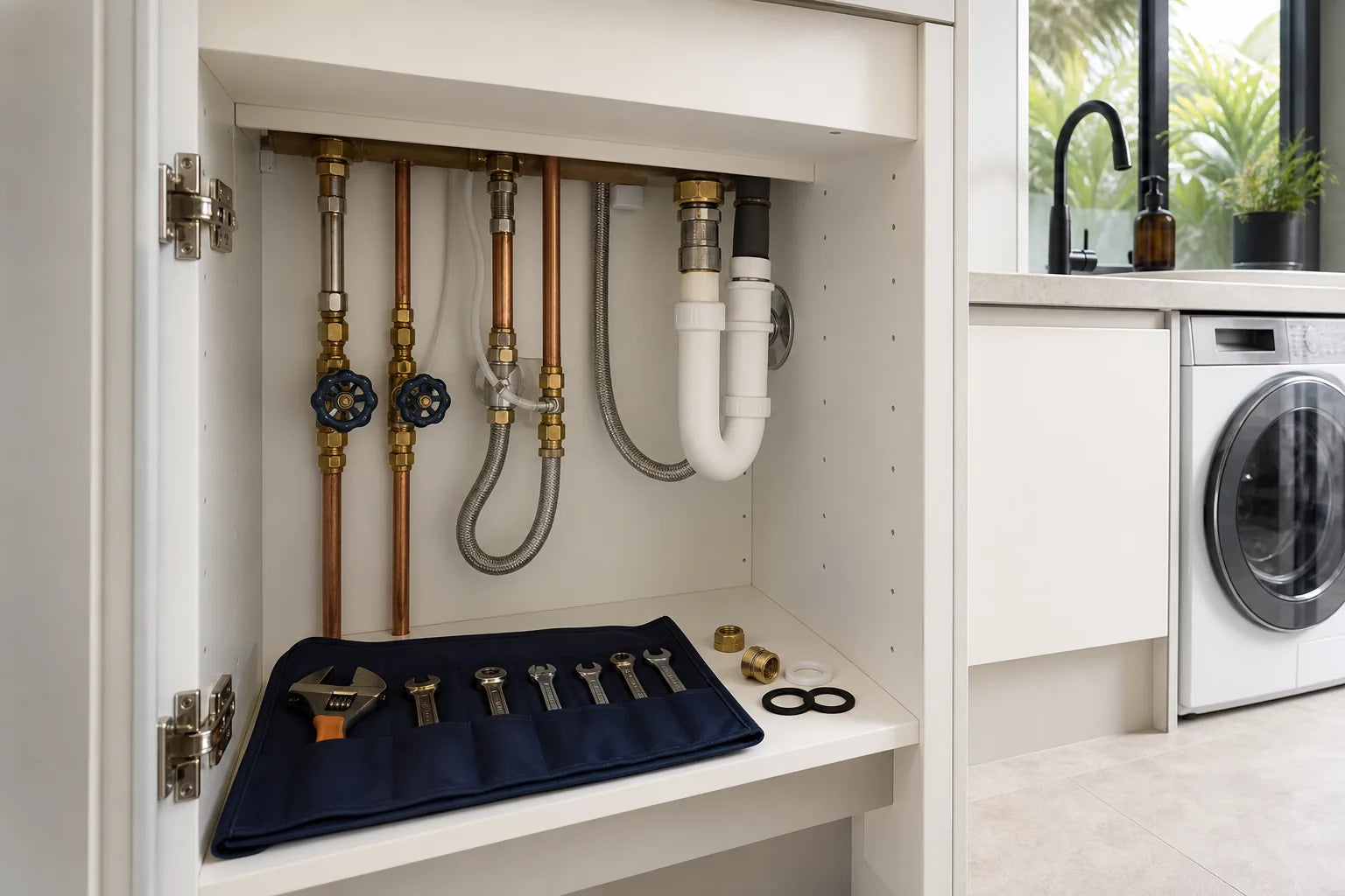 Organised tools and replacement seals prepared for planned plumbing maintenance