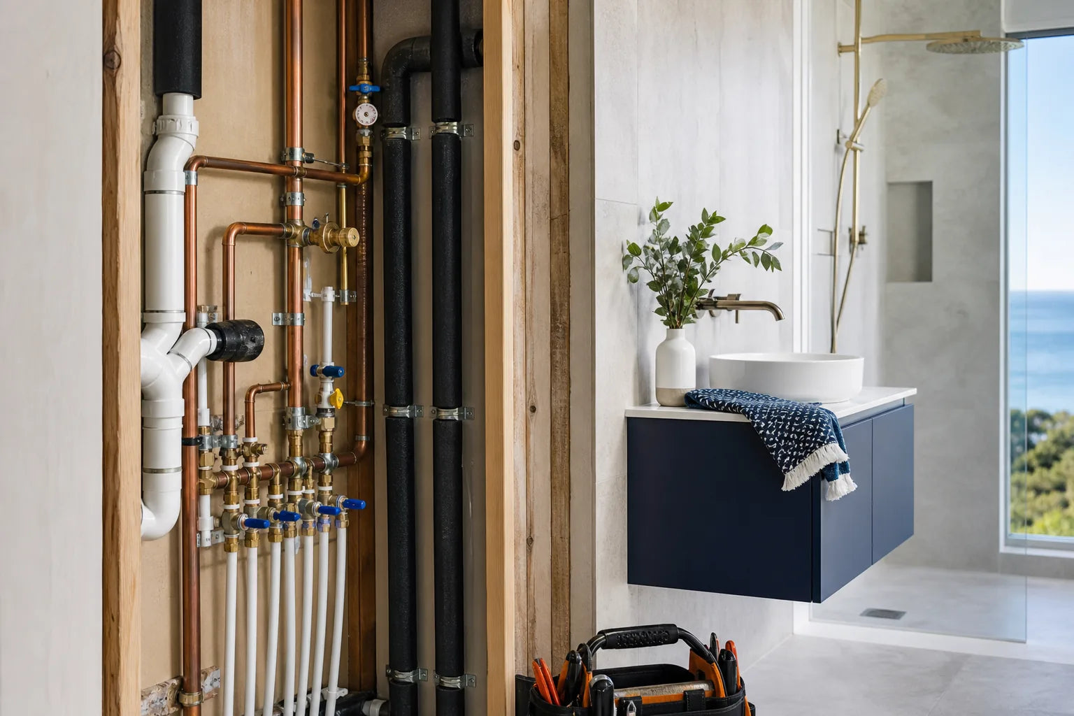 Neatly installed residential water and waste pipework in a contemporary Noosa home
