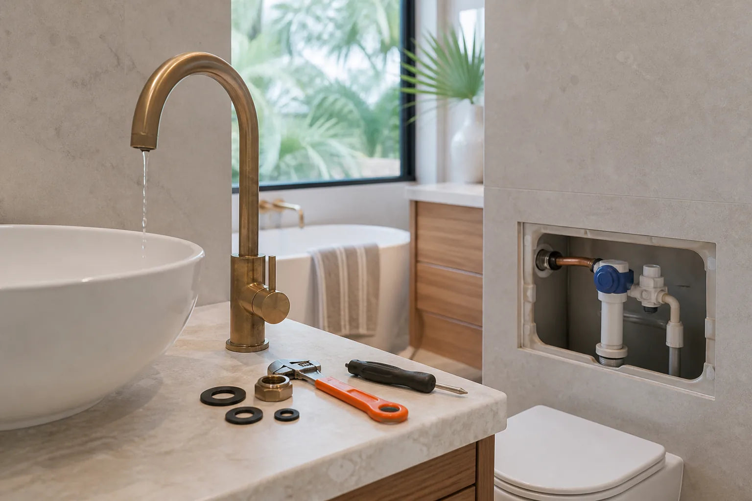 Modern tap and toilet components prepared for repair in a Noosa bathroom