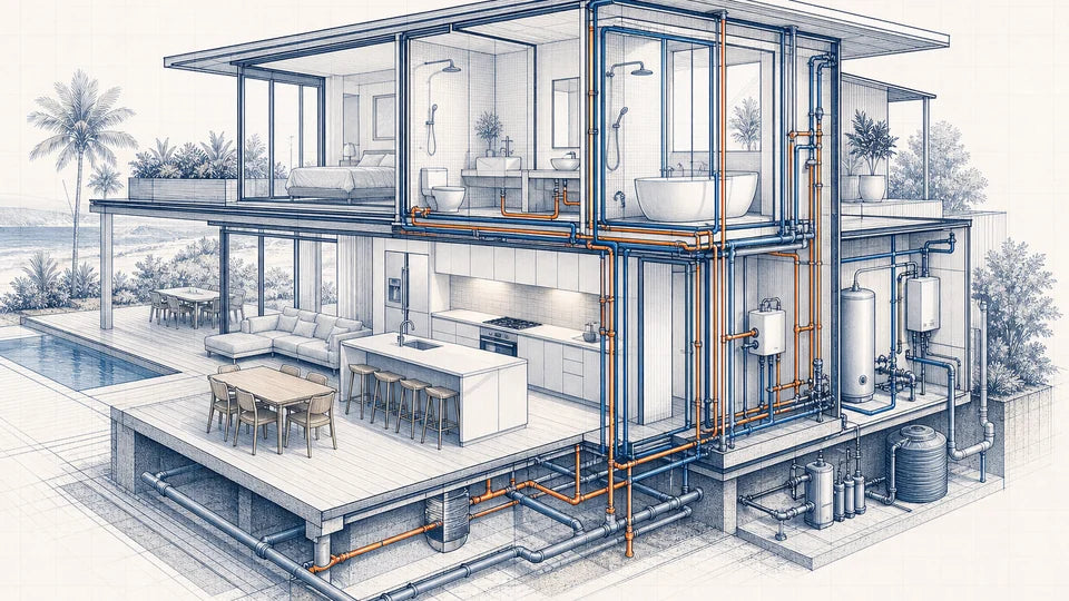 Technical architectural drawing of a high-end coastal home with coordinated plumbing, gas and drainage routes