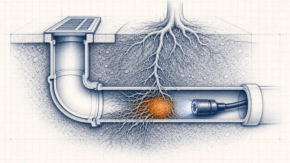 Technical cutaway drawing of tree roots obstructing a drain