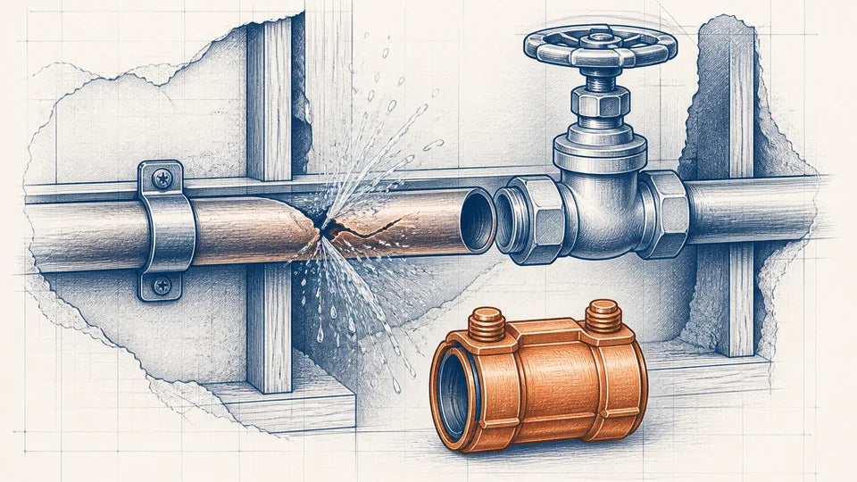 Technical drawing of a burst pipe, isolation valve and repair coupling