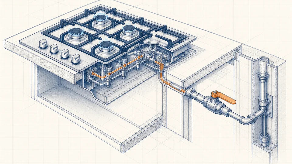 Technical drawing of a gas appliance and connected gas line