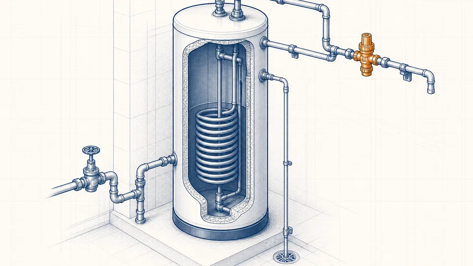 Technical drawing of a household hot water system and connected pipework