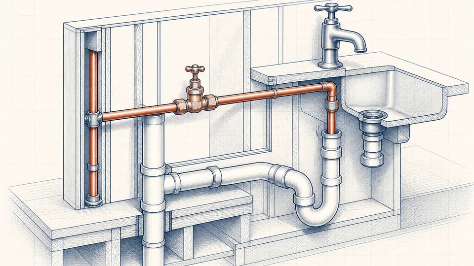 Technical drawing of residential water and waste pipework