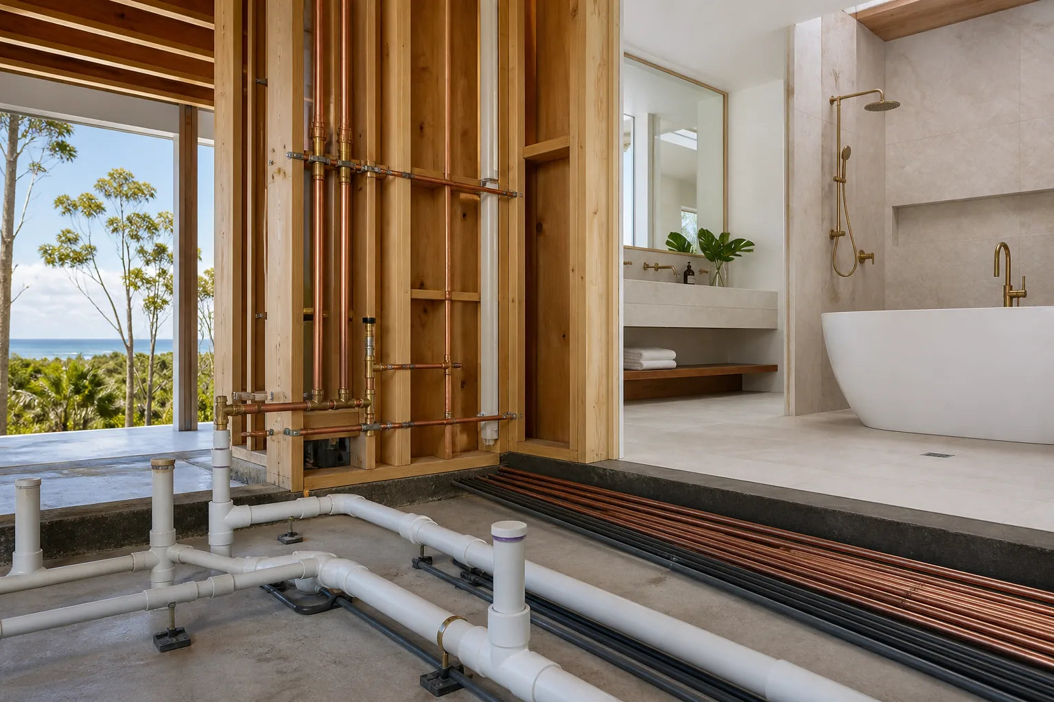 High-end coastal home construction with coordinated plumbing and drainage set-outs