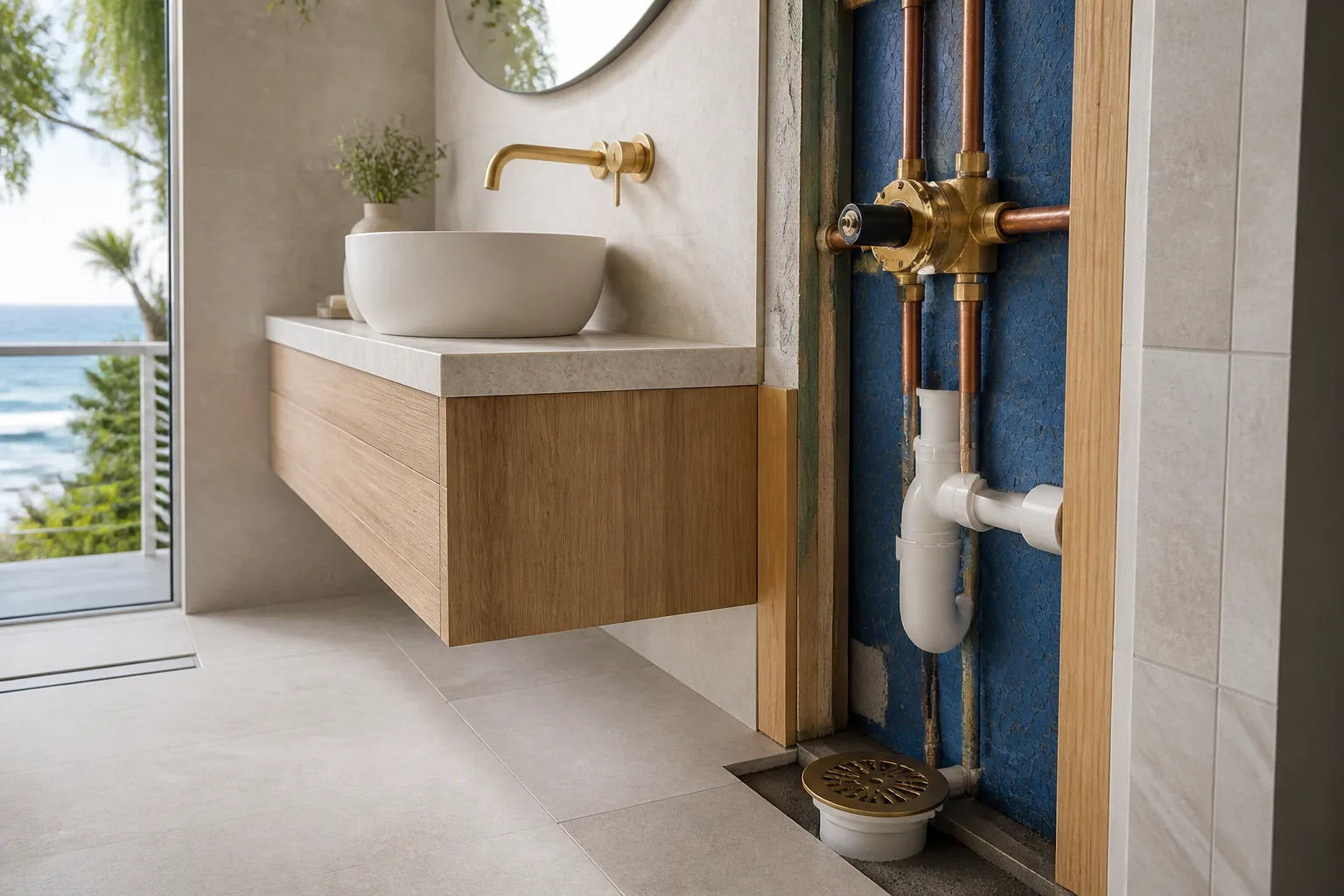 Premium bathroom plumbing rough-in coordinated with wall-mounted tapware and fixtures