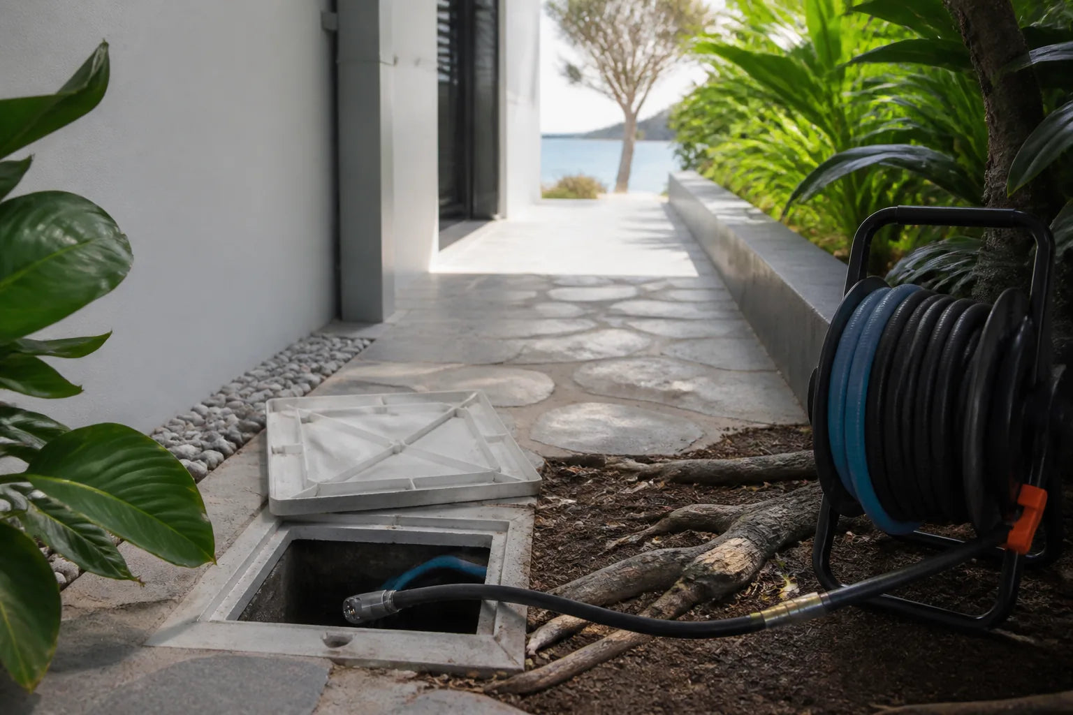 Drain camera and clearing hose positioned at an exterior inspection point in Noosa