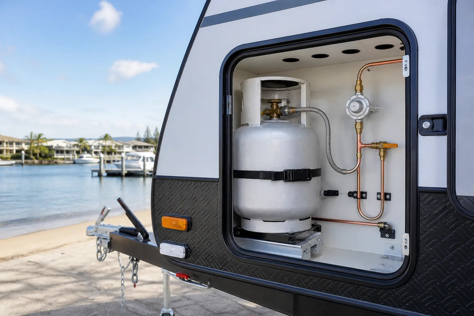 Ventilated caravan LPG compartment with secured cylinder, regulator and copper line