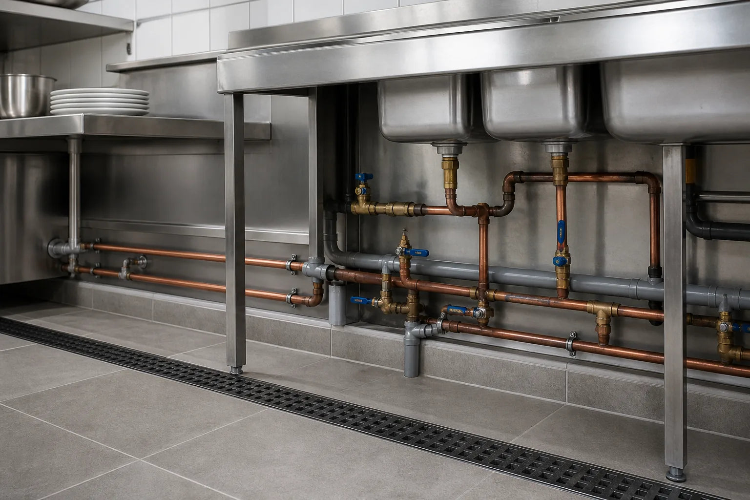 Accessible commercial kitchen plumbing with isolation valves and floor drainage