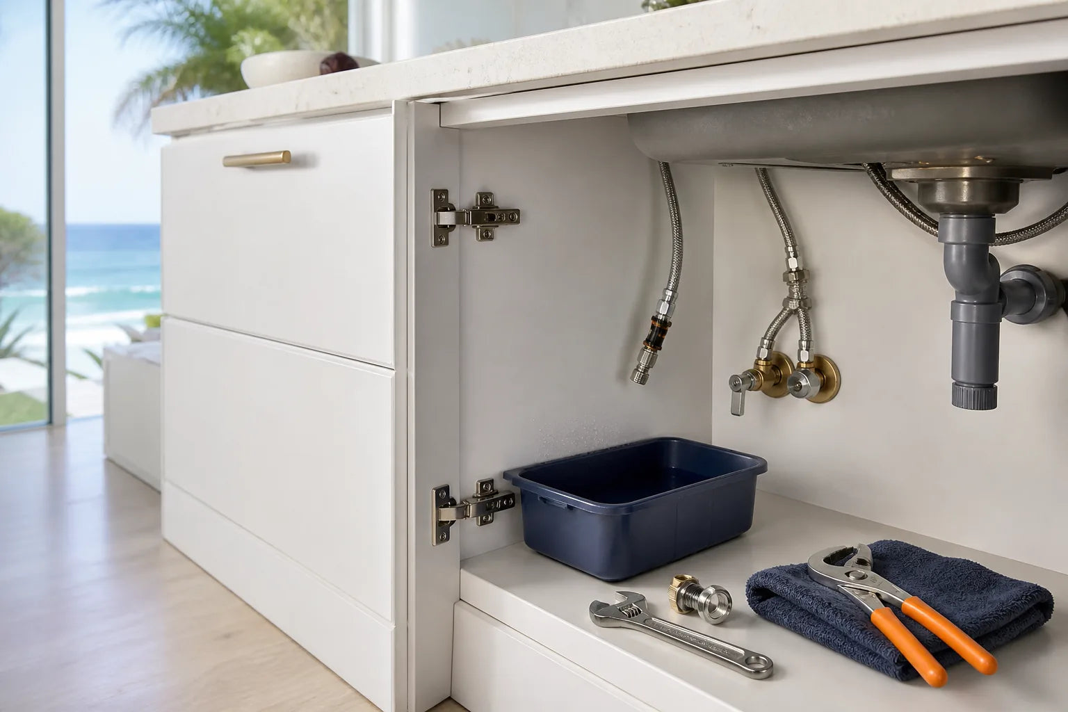 Isolated under-sink leak prepared for an urgent plumbing repair