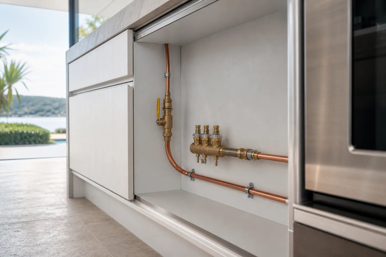 Neatly installed copper gas line and isolation valve beside a modern kitchen