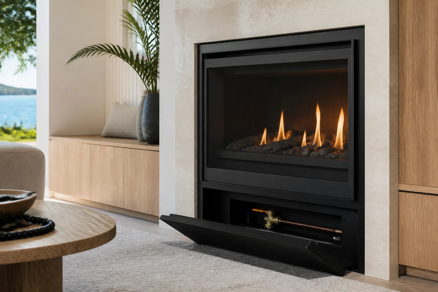 Modern sealed gas fireplace with an accessible isolation valve and service panel