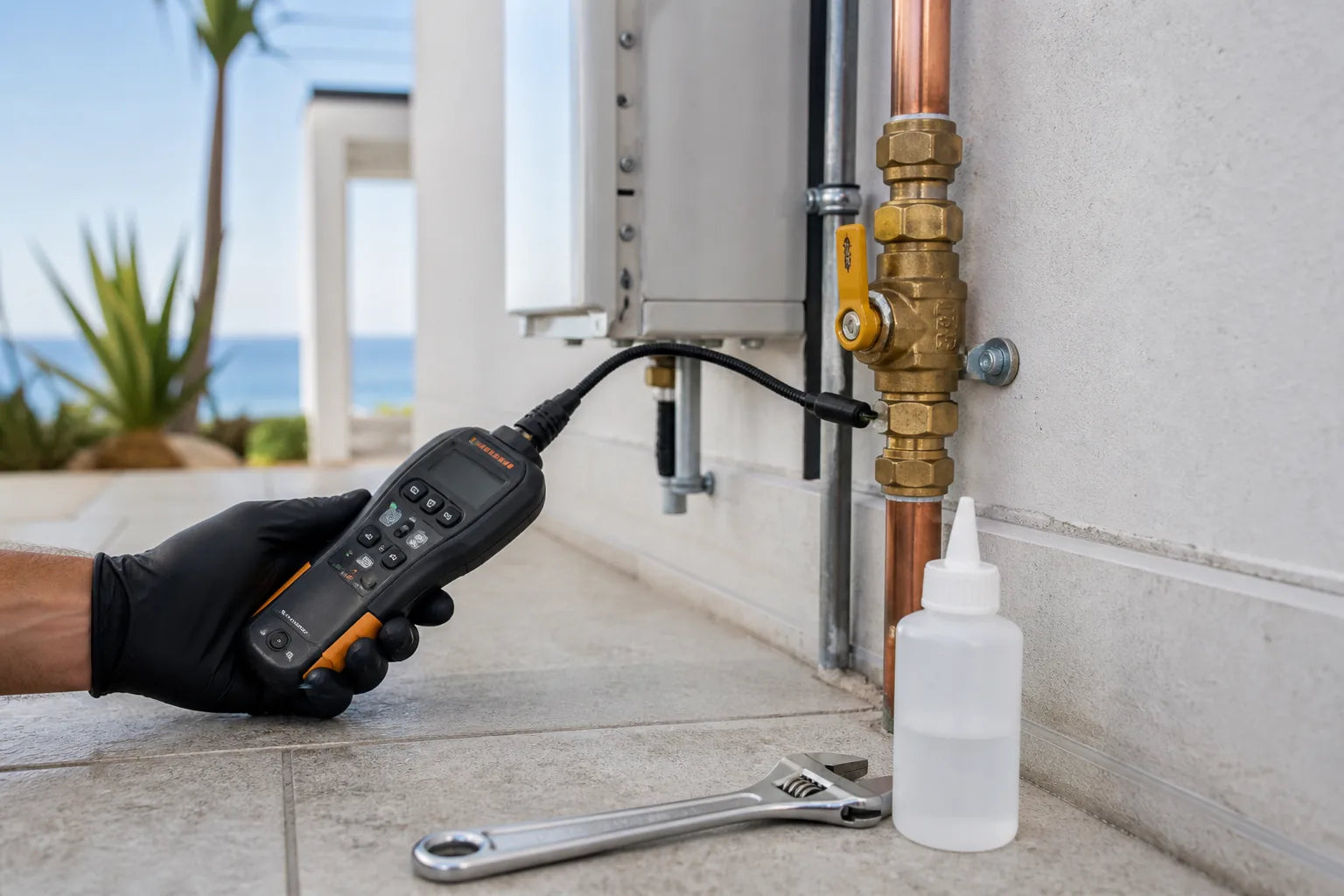 Electronic gas detector checking a brass joint and isolation valve