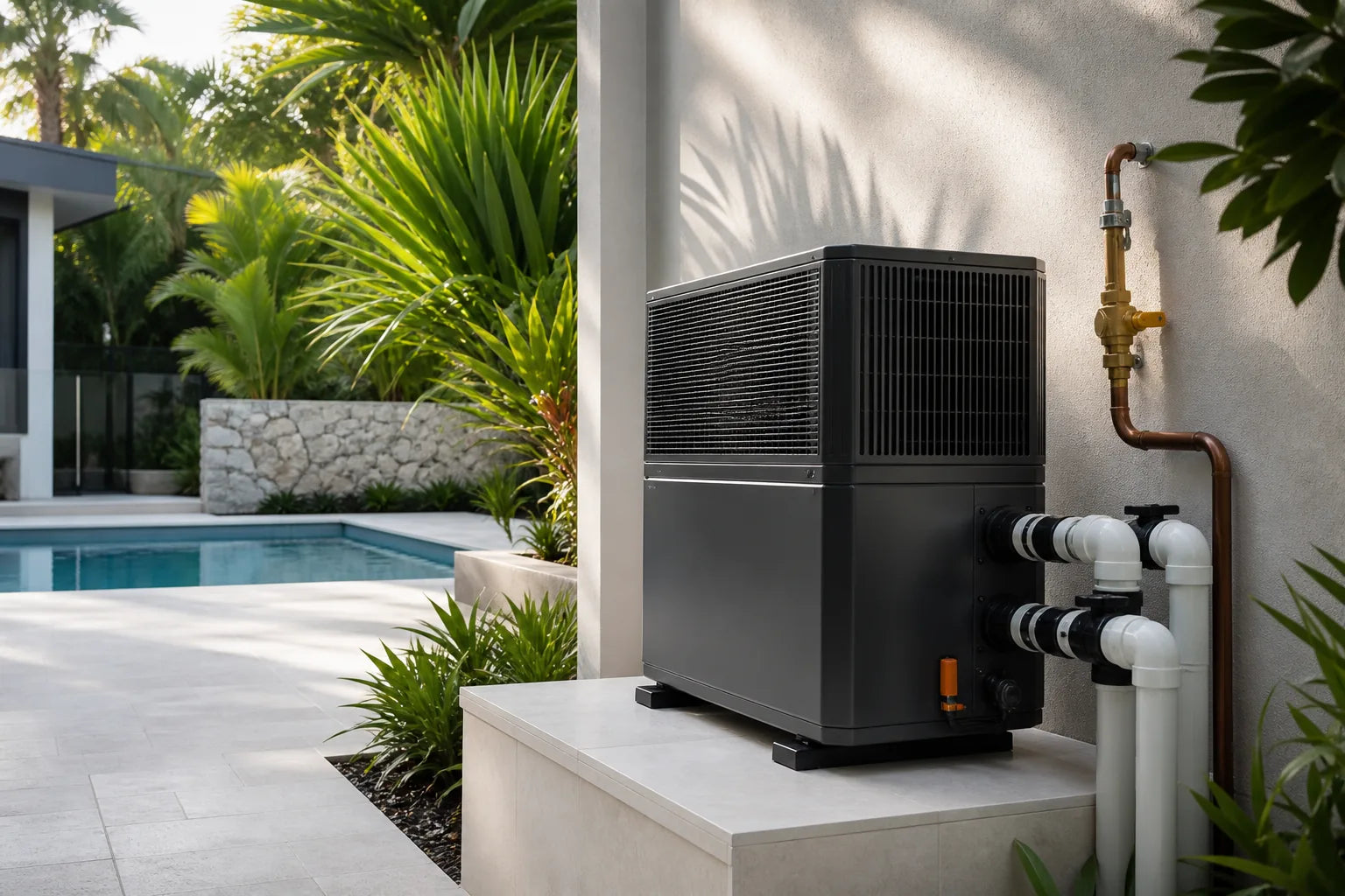 Gas pool heater with isolation valve and water bypass pipework beside a Noosa pool