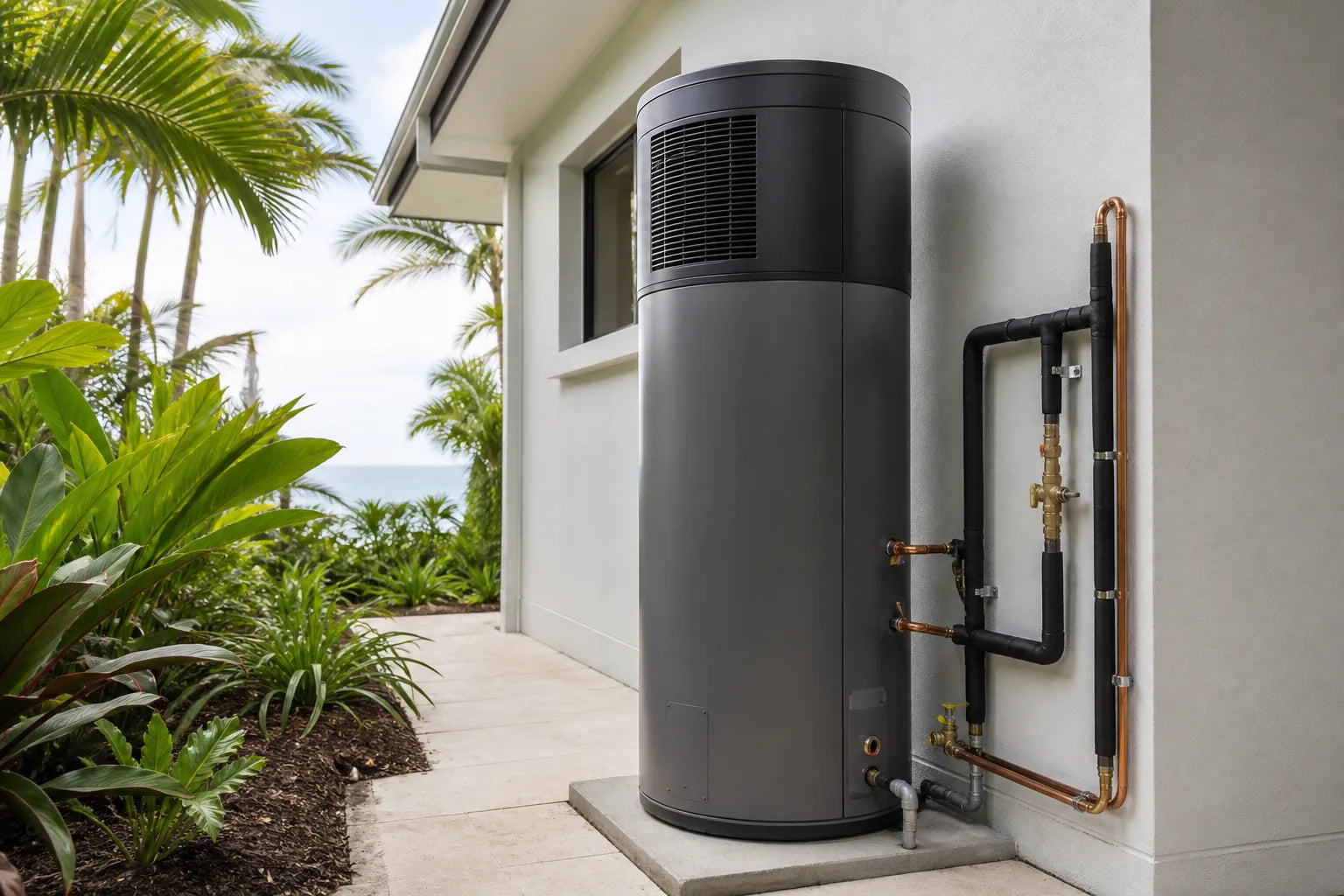 Heat-pump hot water system installed beside a contemporary Noosa home