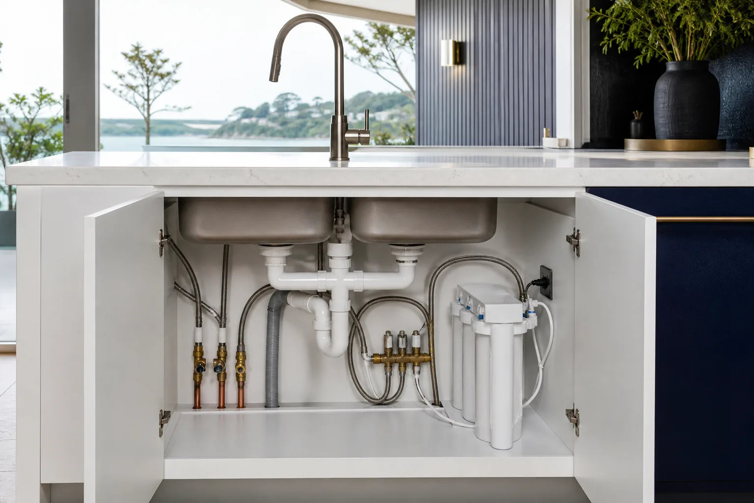 Neat under-sink kitchen plumbing with dishwasher, fridge and filtration connections