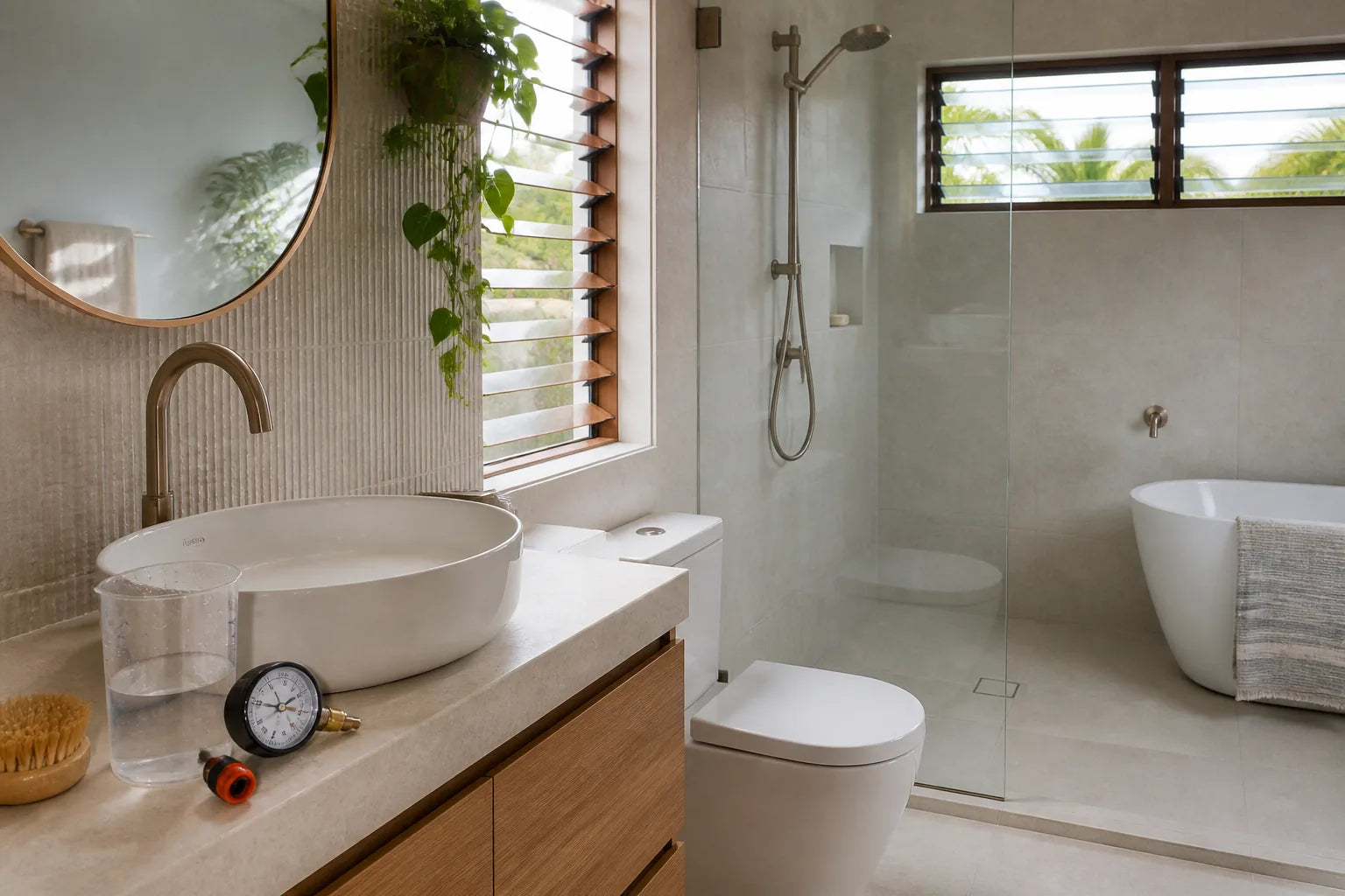 Water-efficient tapware, shower and toilet fixtures being assessed in a modern bathroom